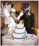 anthro black_nose blue_body blue_eyes blue_fur blue_hair cake champagne_glass clothed clothing container cup dessert detailed_background dress drinking_glass duo female food fur furniture glass glass_container glass_cup grey_body grey_eyes grey_fur hair head_tuft inside male necktie orange_body orange_fur purple_eyes smile standing suit table tuft wedding wedding_cake wedding_dress white_body white_clothing white_dress white_fur citrinelle canid canine canis fox mammal wolf 2016 digital_media_(artwork) hi_res shaded soft_shading