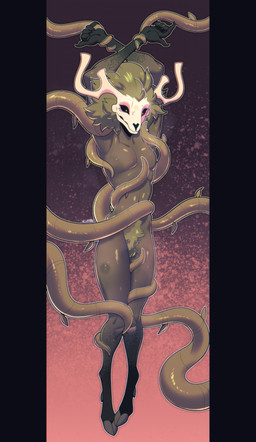 ambiguous_gender anthro biped black_body black_claws bodily_fluids claws deer_skull fur green_body green_fur green_hair grey_hooves hair hooves horn nude pubes solo sweat tentacles tentacles_around_arms tentacles_around_body tentacles_around_legs vine_tentacles white_body white_horn conditional_dnp welwraith scraper_city wicker_(welwraith) deer mammal 2026 digital_drawing_(artwork) digital_media_(artwork) hi_res female_(lore)