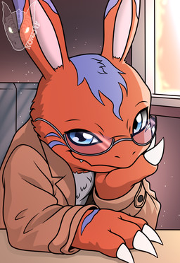 anthro blue_eyes claws clothing eyewear fur glasses jacket long_ears looking_at_viewer male red_body red_fur smile solo topwear window rauta2 bandai_namco digimon digimon_(species) elecmon hi_res