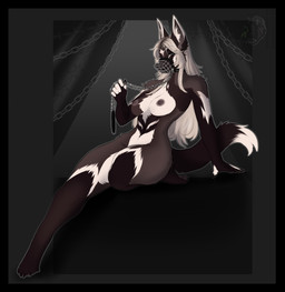 anthro areola biped black_border border breasts claws feet female fingers front_view fur hair looking_at_viewer muzzle_(object) navel nipples nude nude_anthro nude_female paws sitting solo toes enrgydrinkeater canid canine mammal 2026 digital_drawing_(artwork) digital_media_(artwork) hi_res
