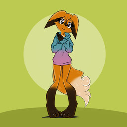 anthro big_ears bottomless bottomless_female brown_body brown_fur clothed clothing dipstick_tail female fur green_background hands_together head_tilt markings multicolored_body multicolored_fur orange_body orange_fur simple_background skinny slim solo standing tail tail_markings two_tone_body two_tone_fur jazminecanaan canid canine fox mammal 1:1 absurd_res full-length_portrait hi_res portrait trans_(lore)