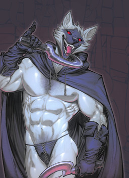 abs anthro black_clothing black_sclera cape cheek_tuft claws cloak clothing dual_wielding facial_markings facial_tuft fangs fur fuzzy glistening glistening_body gloves grey_body grey_fur handwear head_markings head_tuft holding_object holding_weapon looking_at_viewer male markings mask_(marking) muscular muscular_anthro muscular_male narrowed_eyes navel nipples open_mouth open_smile pecs red_eyes sickle simple_background smile solo standing teeth thong tongue tongue_out tuft underwear weapon jarggurnaut dreamworks puss_in_boots_(franchise) death_(puss_in_boots) canid canine canis mammal wolf hi_res