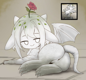 ambiguous_gender butt claws featureless_crotch flower_on_head grey_body horn looking_back membrane_(anatomy) membranous_wings quadruped sculpture simple_background smile solo statue tail wings dokonjou arknights hypergryph studio_montagne questioning_statue_(arknights) animate_inanimate gargoyle living_statue 2026 digital_media_(artwork)