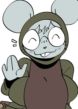 anthro big_breasts book breasts clothed clothed_anthro clothed_female clothing emanata eyebrows eyelashes eyes_closed eyewear female female_anthro fingers front_view glasses hair hood raised_hand round_ears round_glasses simple_background smile solo teeth wearing_glasses white_background xarop77 paige_(xarop77) mammal mouse murid murine rodent digital_drawing_(artwork) digital_media_(artwork) half-length_portrait hi_res portrait