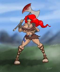 armor axe beak big_breasts blood bodily_fluids breasts double_bitted_axe female greataxe holding_object holding_weapon looking_at_viewer melee_weapon nipples non-mammal_breasts non-mammal_nipples outside solo thick_thighs unconvincing_armor warrior weapon lordstevie sonja anatid anseriform avian bird duck hi_res