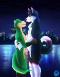 anthro city duo fur green_body green_fur hug male male/male night outside pink_body pink_fur romantic romantic_ambiance romantic_couple sky smile fuzzycoma bluff pyper canid canine canis domestic_dog husky mammal mustelid musteline nordic_sled_dog spitz true_musteline weasel digital_media_(artwork) hi_res