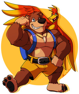 3_toes anthro backpack barefoot beak belt biceps black_pawpads blue_eyes bottomwear claws clothing duo eyelashes feathers feet female feral flexing fur green_eyes jewelry looking_at_viewer male muscular muscular_male necklace open_mouth pawpads paws pecs pose shorts smile soles standing teeth toe_claws toes tongue triceps wings yongdasom banjo-kazooie rareware banjo_(banjo-kazooie) kazooie avian bear bird breegull mammal hi_res