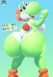 anthro big_breasts big_butt blue_eyes breasts butt clothing female footwear heart_symbol huge_butt looking_at_viewer looking_back multicolored_body nipples nude open_mouth pupils question_mark shoes side_boob solo text thick_thighs two_tone_body wide_hips tzokatli mario_bros nintendo green_yoshi yoshi 2024 absurd_res english_text hi_res