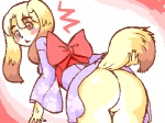 anthro back_bow bent_over blonde_hair blush bottomless butt clothed clothing dipstick_ears dipstick_tail ear_markings female fur hair holding_tail kemono long_ears looking_back markings multicolored_ears multicolored_tail short_hair simple_background solo surprise tail tail_markings tan_body tan_fur white_body white_fur kin-shun mai_(kin-shun) canid canine canis domestic_dog mammal 4:3 aliasing cel_shading digital_media_(artwork) low_res shaded