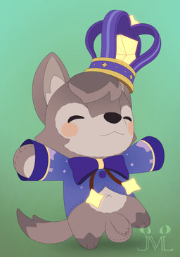 anthro belly bottomless bow_ribbon casual_exposure clothed clothing crown eyes_closed foreskin genitals grey_body headgear humanoid_genitalia humanoid_penis male partially_clothed penis plushie solo tan_belly unretracted_foreskin jm-luxro wolfy_(genshin_impact) animate_inanimate canid canine canis living_plushie mammal wolf absurd_res hi_res