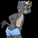 anthro butt cheeky clothing grin grinning_at_viewer hand_on_butt looking_at_viewer looking_back looking_back_at_viewer male outline simple_background smile solo sticker swimming_cap swimwear telegram_sticker transparent_background young young_anthro bluechubbywolf calahoo_(calahootheyeen) hyena mammal spotted_hyena 1:1 alpha_channel