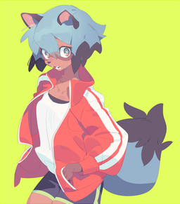 anthro blue_hair brown_body brown_fur clothing female fur green_background hair hand_in_pocket kemono multicolored_hair open_mouth pockets simple_background solo tracksuit jamjambottle brand_new_animal studio_trigger michiru_kagemori canid canine mammal raccoon_dog tanuki