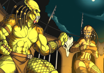 abs arena armband armor award bars belt biceps big_breasts big_muscles big_pecs black_sclera bone bottomwear bracers breasts cleavage clothed clothing dreadlocks duo fangs female fighting_pose fishnet_clothing imminent_fight loincloth male mandibles melee_weapon muscular muscular_female muscular_male nails not_furry orange_eyes pecs polearm pose ring size_difference skull spear teeth topless tribal trophy weapon wristband yellow_eyes yellow_itises mad-project predator_(franchise) alien alien_humanoid humanoid yautja