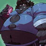 anthro belly beverage_can big_belly black_body black_fur black_hair blush bodily_fluids bottomwear bracelet clothing fur grimace hair holding_object imprint jewelry male melanistic musclegut muscular muscular_anthro muscular_male navel nipples obese obese_anthro obese_male overweight overweight_anthro overweight_male pants shirt solo sweat sweatdrop topwear torn_clothing bobert vincent_(bobert) mammal rodent sciurid tree_squirrel 1:1 2018 hi_res