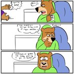 1:1 2021 anthro bear beargarbage black_nose boo-boo_bear brown_body clothing comic container cup dialogue duo english_text hanna-barbera hi_res jellystone_(hbo_max) male mammal shirt text topwear yogi_bear yogi_bear_(character)