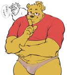 anthro belly big_belly blush bulge clothing duo eyewear glasses humanoid_hands kemono male overweight overweight_male red_clothing red_shirt red_topwear shirt simple_background text topwear underwear white_background yellow_body exe_exem disney winnie_the_pooh_(franchise) pooh_bear bear mammal suid suina sus_(pig) wild_boar 2022 digital_media_(artwork) japanese_text