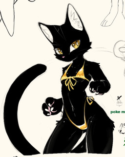 anthro black_body black_fur breasts claws female fluffy fur inner_ear_fluff mouthless pawpads pink_nose pink_pawpads small_breasts small_waist solo tuft yellow_eyes minzemilk golden_week domestic_cat felid feline felis mammal