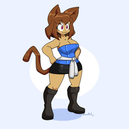 anthro big_breasts boots bottomwear breasts brown_hair cleavage clothed clothing cosplay female footwear hair red_eyes shoes skirt smile solo tail gunshad capcom gameoverse glitch_productions resident_evil jill_valentine kit_bodega domestic_cat felid feline felis mammal absurd_res hi_res