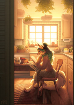 anthro basket black_hair book bottomwear cheek_tuft closed_smile clothed clothing container facial_piercing facial_tuft female food fruit fur green_hair grey_body grey_fur hair holding_book holding_object inner_ear_fluff inside kitchen leg_tuft lemon long_hair mouth_closed multicolored_hair nose_piercing nose_ring pawpads piercing pink_eyes pink_pawpads plant reading reading_book ring_piercing septum_piercing septum_ring side_view sitting skirt smile solo strawberry text topwear tuft two_tone_hair white_body white_fur white_inner_ear_fluff window azuza 2022 artist_name dated hi_res