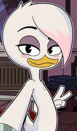 4_fingers anthro beak black_eyebrows black_eyes blush blush_lines book eyebrows eyelashes feathers featureless_chest female female_anthro fingers flat_chested footstool gesture half-closed_eyes hand_gesture inside looking_at_viewer mouth_closed narrowed_eyes nude nude_anthro nude_female outline raised_eyebrow selfie solo tail tail_feathers v_sign white_body white_feathers white_outline yellow_beak young young_anthro young_female mopgoblin disney ducktales ducktales_(2017) lena_(ducktales) anatid anseriform avian bird duck 2025 hi_res