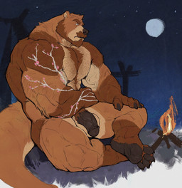 anthro areola arm_hair balls beard biped black_penis body_hair brown_body brown_fur chest_tuft eyebrows facial_hair fur genitals half-erect male moon multicolored_body multicolored_fur muscular muscular_anthro muscular_male mustache night nipples nude outside penis pupils sitting solo star tail tattoo thick_eyebrows tuft vein veiny_arms veiny_penis white_sclera marius_tygo bear mammal hi_res