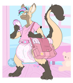 ambiguous_gender anthro baby_powder ball bed bed_sheet bedding bedroom big_diaper blue_hair blue_wall blunted_horn border brown_body brown_ear_tips brown_fur brown_hair brown_tail_tuft claws clean_diaper clothed clothing container cut_horn diaper diaper_bag dipstick_ears door ear_markings facial_markings finger_claws floor folded_diaper fur furniture gloves_(marking) hair head_markings holding_container holding_object horn huge_diaper leg_markings markings multicolored_ears pillow pink_clothing pink_hair pink_shirt pink_topwear plushie shirt smile socks_(marking) solo spots spotted_body spotted_fur standing striped_hair tail tail_tuft tan_body tan_fur tan_inner_ear tan_tail teddy_bear teeth toe_claws topwear toy toy_car tuft wall_(structure) wearing_diaper white_border window wood wood_door wood_floor bubblepuppers mythology daki_(poofbuttrocky) dragon furred_dragon furred_scalie hybrid hyena mammal mythological_creature mythological_scalie scalie hi_res