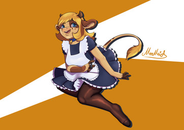 anthro apron blonde_hair blue_eyes breasts clothing dress female fingers fur hair holding_object holding_pen hooved_fingers hooves legwear open_mouth pantyhose pen simple_background smile solo tail moomaid alice_lovage bovid bovine cattle mammal 2022 absurd_res digital_media_(artwork) hi_res