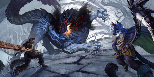anthro attack boss_fight dynamic female fight fighting_pose male pose thunder weapon sidj-6 capcom monster_hunter canid canine ebony_odogaron fanged_wyvern felid feline felyne lynian mammal odogaron palico unknown_species hi_res