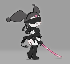 anthro back_cutout black_clothing blindfold blush bone bottomless butt clothed clothing cosplay female grin hoodie legwear melee_weapon pose skimpy skull smile solo spade_tail stockings sword tail topwear weapon e254e nier_automata onegai_my_melody platinumgames sanrio kuromi yorha_2b demon lagomorph leporid mammal rabbit absurd_res hi_res