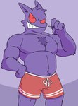 4_fingers anthro belly belly_tuft biceps biped body_hair bottomwear chest_tuft clothed clothing fingers fur grin hair hand_on_hip looking_at_viewer male musclegut muscular navel pecs pokemorph purple_body purple_fur red_bottomwear red_clothing red_eyes red_shorts shorts simple_background smile solo standing teeth toothpick topless topless_anthro topless_male tuft cosmicboy02 nintendo pokemon generation_1_pokemon gengar pokemon_(species) spirit 2023 digital_media_(artwork) hi_res signature