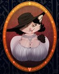 anthro antique big_breasts black_clothing black_hat black_headwear black_roses blood blood_from_mouth blood_in_mouth bodily_fluids breasts brooch cleavage clothed clothing corsage curly_hair dress female flower gem hair hat headgear headwear inner_ear_fluff looking_at_viewer painting_(object) pearl_(gem) plant portrait_(object) rose_(flower) solo tuft yellow_eyes deedoss capcom resident_evil alcina_dimitrescu bat leaf-nosed_bat mammal microbat vampire vampire_bat yangochiropteran 4:5 absurd_res hi_res