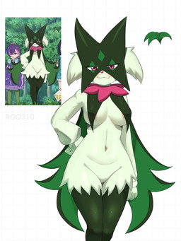 3_fingers anthro areola areola_slip big_breasts biped blush breast_curtains breasts closed_smile eyelashes fangs featureless_crotch female female_anthro fingers frill_(anatomy) fur glistening glistening_body glistening_breasts glistening_eyes green_body green_fur green_mask hand_on_hip hand_on_own_hip heart_symbol legs_together looking_at_viewer mask mouth_closed navel neck_frill nude nude_anthro nude_female pattern_background pink_eyes pink_nose simple_background smile smiling_at_viewer solo standing teeth text wearing_mask white_background roo310 nintendo pokemon felid feline generation_9_pokemon mammal meowscarada pokemon_(species) 2026 absurd_res artist_name digital_media_(artwork) hi_res reference_image