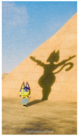 accessory altered_shadow anthro armband biped blue_eyes blue_hair blue_sky border clothing day desert dress egyptian egyptian_clothing egyptian_headdress female frown fur great_pyramids_at_giza hair jewelry legband looking_up makeup markings mascara parody pose poster pyramid raised_arms sand shadow sky solo standing striped_markings striped_tail stripes tail tail_markings uraeus usekh white_border wide_hips y-pose yellow_body yellow_fur warfaremachine warfaremachine_(modeler) animal_crossing nintendo star_wars star_wars:_the_phantom_menace ankha_(animal_crossing) warfare_ankha abyssinian_cat domestic_cat felid feline felis mammal 2025 3d_(artwork) absurd_res blender_(artwork) digital_media_(artwork) hi_res hieroglyphic_text promotional_material signature watermark