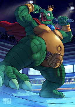 3_toes 4_fingers amber_eyes anthro belly belt biceps big_belly biped bloodshot_eyes bottomless bracelet cape cape_only claws clothed clothing crowd crown detailed_background electronics fangs featureless_crotch feet fighting_ring finger_claws fingers gem gesture gold_(metal) gold_bracelet gold_jewelry green_body green_scales group hand_gesture headgear holding_microphone holding_object inside jewelry lights low-angle_view male microphone mostly_nude musclegut muscular muscular_anthro muscular_male navel open_mouth open_smile outie_navel overweight overweight_anthro overweight_male pecs pink_tongue plantigrade pointing pointing_at_self quads rope scales sharp_teeth silhouette smile snout solo_focus spotlight standing teeth thick_thighs toe_claws toes tongue tongue_out topless white_claws worm's-eye_view lunar_eyes_illustration donkey_kong_(series) nintendo king_k._rool crocodile crocodilian kremling reptile scalie 2019 dated digital_media_(artwork) full-length_portrait portrait shaded signature