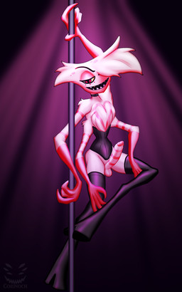 anthro balls boots clothing corset dancing erection footwear genitals high_heeled_boots high_heels lingerie male pole pole_dancing shoes slim small_waist solo topwear corinoch_(artist) hazbin_hotel hellaverse angel_dust animal_humanoid arachnid arachnid_humanoid arthropod arthropod_humanoid demon humanoid spider spider_humanoid 5:8 hi_res