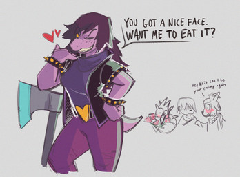 ambiguous_gender anthro axe blush dialogue female flirting flower freckled_face freckles group heart_symbol looking_at_viewer male melee_weapon partial_speech_bubble plant rose_(flower) smile teeth_showing text warrior weapon thelivingtrashcan deltarune undertale_(series) berdly kris_dreemurr noelle_holiday susie_(deltarune) avian bird blue_jay corvid deer human jay_(bird) lizard mammal new_world_deer new_world_jay oscine passerine reindeer reptile scalie 2021 english_text hi_res