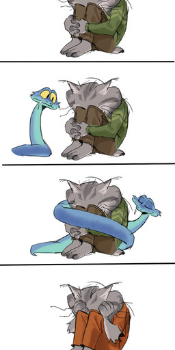 anthro bodily_fluids crying curled_up feral fetal_pose fur grey_body grey_fur hug male sad tears yellow_eyes baba1693391 disney zootopia gary_de'snake pawbert_lynxley canada_lynx felid feline lynx mammal pit_viper reptile scalie snake viper comic hi_res