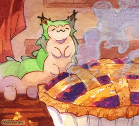 :3 ambiguous_feral ambiguous_gender antennae_(anatomy) back_spikes blueberry_pie brown_spikes cheek_tuft closed_smile countershade_body dipstick_antennae eyes_closed facial_tuft feral food furniture green_body green_skin green_spikes happy inside long_body micro mouth_closed multi_leg multi_limb multicolored_antennae on_table pastry pie relaxed_expression slightly_chubby slightly_chubby_ambiguous slightly_chubby_feral smile solo spikes spikes_(anatomy) steam table tan_body tan_skin text tuft zuccnini goobi_(zuccnini) arthropod caterpillar insect larva sasakia_charonda 2025 artist_name painting_(artwork) shaded soft_shading watercolor_(artwork)