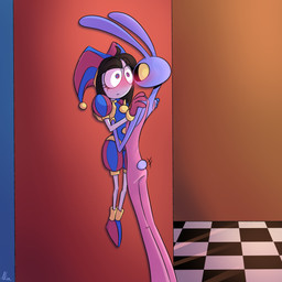 4_fingers against_surface against_wall anthro blush checkered checkered_floor duo eye_contact female fingers flustered hand_on_shoulder larger_male lifting_partner looking_at_another male motion_lines mouthless size_difference smaller_female tail tail_motion tailwag screaming_alice glitch_productions the_amazing_digital_circus jax_(tadc) pomni_(tadc) humanoid lagomorph leporid mammal rabbit 1:1 absurd_res hi_res