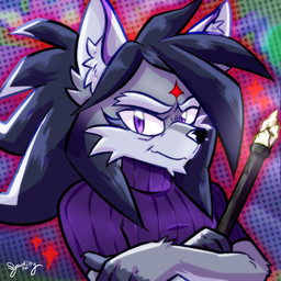 anthro biped black_hair black_nose blue_eyes cheek_tuft clothing countershade_face countershade_fur countershading elderly_anthro elderly_male eyebrows facial_markings facial_tuft forehead_markings front_view fur grey_body grey_fur hair head_markings holding_object holding_staff inner_ear_fluff long_hair looking_at_viewer magic_user male markings purple_clothing purple_sweater purple_topwear purple_turtleneck red_markings solo staff sweater topwear tuft turtleneck white_body white_countershading white_fur white_inner_ear_fluff syaokitty canid canine canis mammal wolf 1:1 2026
