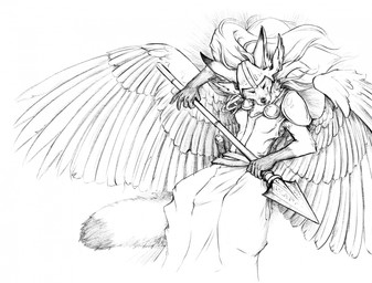 anthro armor breasts clothed clothing dipstick_tail eyes_closed feathered_wings feathers female fur gloves_(marking) hair headgear helmet markings melee_weapon polearm solo spear spread_wings tail tail_markings weapon wings slate disney robin_hood_(disney) maid_marian canid canine fox mammal red_fox true_fox greyscale hi_res monochrome story_at_source