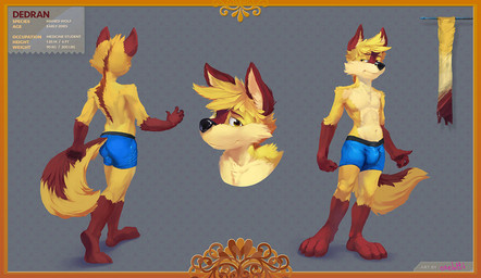 anthro arm_tuft black_nose blonde_hair blue_clothing blue_underwear bulge cheek_tuft clothing elbow_tuft eyebrows facial_tuft front_view fur glistening glistening_eyes gloves_(marking) hair inner_ear_fluff leg_markings male markings multicolored_body multicolored_fur pattern_background pawpads pink_inner_ear plantigrade rear_view red_body red_eyebrows red_fur red_pawpads red_tail shoulder_tuft simple_background smile socks_(marking) solo tail tan_body tan_fur tan_inner_ear_fluff tuft underwear yellow_body yellow_eyes yellow_fur yellow_inner_ear_fluff yellow_tail oselotti canid canine mammal maned_wolf model_sheet signature