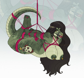 4_toes 5_fingers all_fours angry anthro arms_tied athletic athletic_anthro athletic_female ball_gag barefoot bdsm big_breasts black_eyebrows bondage bound breast_bondage breasts brown_hair claws eyebrows eyelashes facial_piercing feet female finger_claws fingers fully_bound gag gagged genitals green_body green_nipples green_scales hair half-closed_eyes hands_behind_back harness harness_ball_gag harness_gag horn huge_breasts leg_tattoo legs_tied looking_back mouth_closed multicolored_body multicolored_scales muzzle_(object) narrowed_eyes nipple_piercing nipple_ring nipples non-mammal_breasts non-mammal_nipples nose_piercing nose_ring nude nude_anthro nude_female open_mouth open_mouth_gag piercing plantigrade restraints ring_piercing rope rope_bondage rope_harness scales sharp_teeth soles solo submissive submissive_anthro submissive_female suspension suspension_bondage tail tail_bondage tail_tied tattoo teeth toe_claws toe_restraints toes toes_tied two_tone_body two_tone_scales yellow_eyes zeveth shiera_(rex5611) crocodile crocodilian reptile scalie