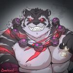 arm_wraps beads black_body black_fur black_sclera fur grey_body grey_fur male muscular muscular_male nipples pecs prayer_beads red_eyes scar solo wraps mtflying30371 sdorica pang_(sdorica) felid mammal pantherine tiger 1:1 hi_res