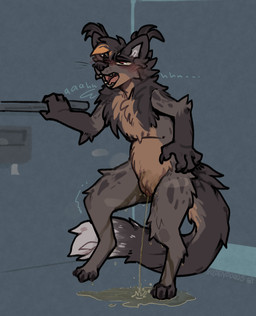 andromorph anthro blush bodily_fluids genital_fluids genitals intersex nude omorashi open_mouth peeing peeing_on_ground peeing_on_leg peeing_on_self relieved solo tail urine urine_on_ground urine_on_leg urine_on_self urine_stream vulva watersports goldendoqqs korwin binturong mammal viverrid hi_res