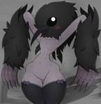 anthro beak black_body black_feathers blush bottomless bottomless_female claws clothed clothing feathers female flat_chested genitals legwear looking_at_viewer pussy shadow simple_background small_waist smile solo thick_thighs thigh_highs zinzoa dark_souls fromsoftware ornifex avian bird corvid corvus_(genus) crow crow_demon oscine passerine absurd_res hi_res portrait three-quarter_portrait