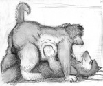 anthro balls belly_rub cuddling duo genitals hug male nude overweight pinned scritches bd canid canine canis domestic_dog mammal monochrome