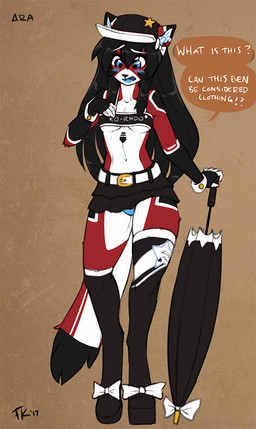 anthro bare_shoulders belt black_body black_fur black_hair blue_eyes blush breasts clothed clothing female fur hair long_hair machine midriff multicolored_body multicolored_fur multicolored_tail navel panties red_body red_fur red_tail simple_background skimpy solo tail text thick_tail umbrella under_boob underwear white_body white_fur white_tail conditional_dnp fluff-kevlar ara_(fluff-kevlar) android domestic_cat felid feline felis mammal robot 2017 digital_media_(artwork) english_text