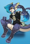 alcohol anthro beer beverage beverage_can blue_background blue_body blue_fur blue_hair bottomless bottomless_anthro bottomless_male cheek_tuft clothed clothing ear_piercing facial_piercing facial_tuft fangs flesh_tunnel fur gauged_ear hair half-closed_eyes jersey lip_piercing male markings narrowed_eyes open_mouth open_smile piercing purple_body purple_fur simple_background smile snakebite_piercing solo sports_jersey tail tail_tuft tan_body tan_fur teeth tuft yellow_markings jay-r mythology dragon furred_dragon furred_scalie mythological_creature mythological_scalie scalie absurd_res hi_res