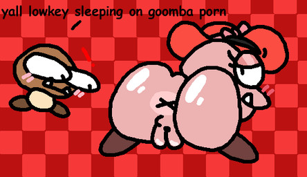 anus big_butt blush blush_lines brown_body butt clothing dialogue duo eyelashes eyeliner female genitals glistening glistening_butt hat headgear headwear huge_butt looking_at_another looking_back makeup male pink_body presenting presenting_hindquarters seductive shitpost surprised teeth text vulva x_anus nxyitn mario_bros nintendo super_mario_odyssey goombette goomba english_text meme